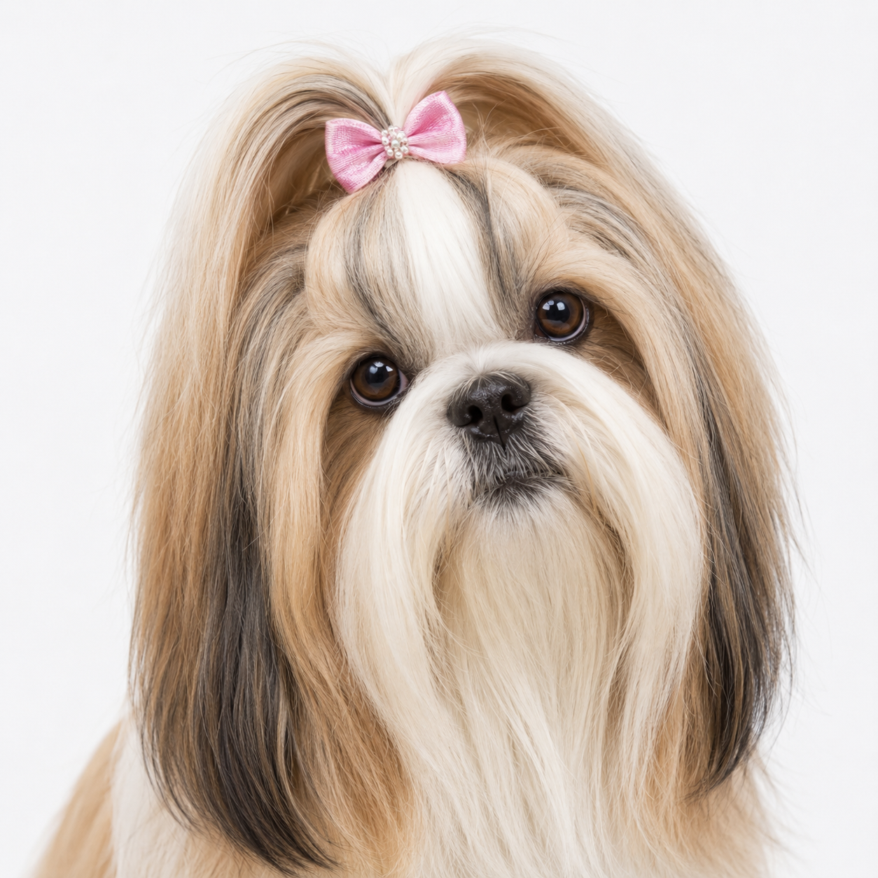 Shih Tzu with a pink hair bow groomed at Karen's Diva Dog Pet Spa in Marlton, NJ